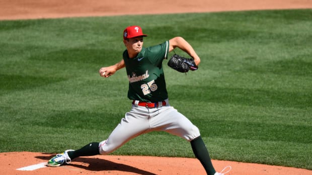 Jul 8, 2023; Seattle, Washington, USA; National League Futures starting pitcher Mick Abel (25) of the Philadelphia Phillies pitches to the American League during the first inning of the All Star-Futures game at T-Mobile Park. Mandatory Credit: Steven Bisig-USA TODAY Sports